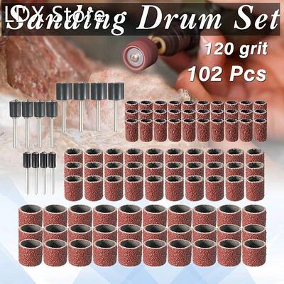 102Pcs 120 Grit Sanding Drum Abrasive Kit With 1/2 3/8 1/4 I