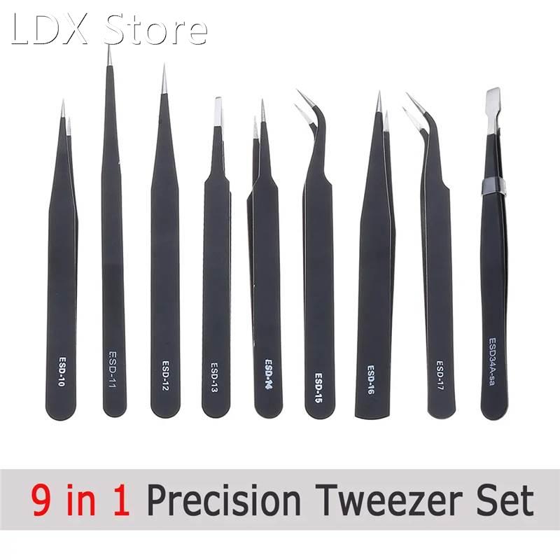 9Pcs ESD Tweezer Anti-static Stainless Steel Precisiion Twee