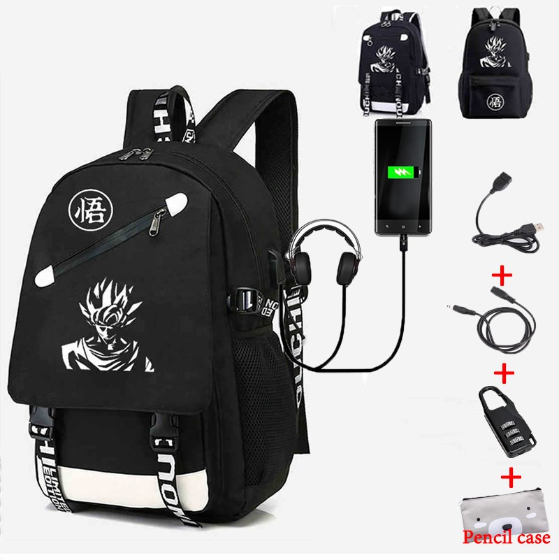 Students School Backpacks Luminous USB Charging Goku Black