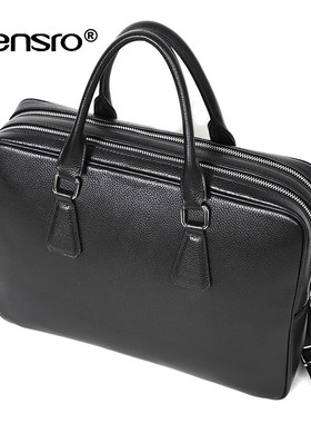 Double Zipper Briefcase Men Bag Genuine Leather Shoulder Ba