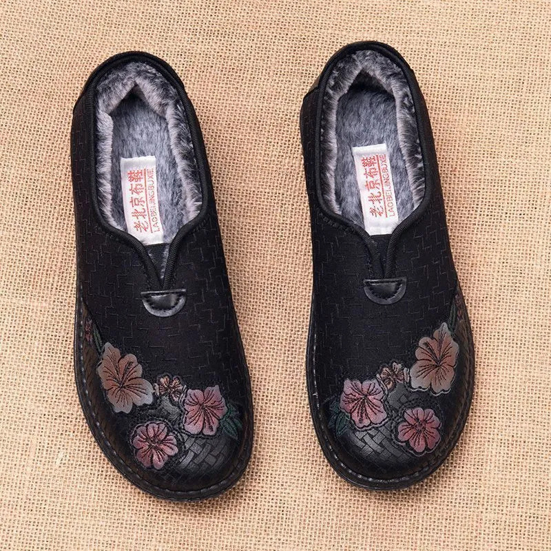 冬季加绒加厚妈妈棉鞋老北京布鞋女老人防滑软底老太太奶奶保暖鞋