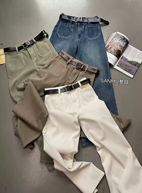 SANMU66370新款韩版四面弹口袋阔腿奶奶裤牛仔裤女春筒喇裤女瘦