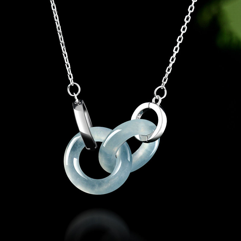 翠莹福天然翡翠A货蓝水双玉环吊坠项链S925银冰种玉石女款 D030