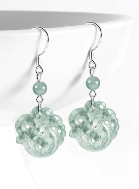 翠莹福天然A货翡翠蓝水平安仿古龙耳环S925银冰种时尚耳饰D718