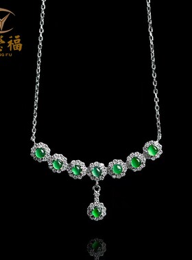 翠莹福高档天然a货翡翠阳绿蛋面S925银镶冰种玉石女款套链 D255