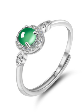 翠莹福S925银镶嵌天然A货翡翠阳绿冰种玉石戒指时尚指环女戒D756