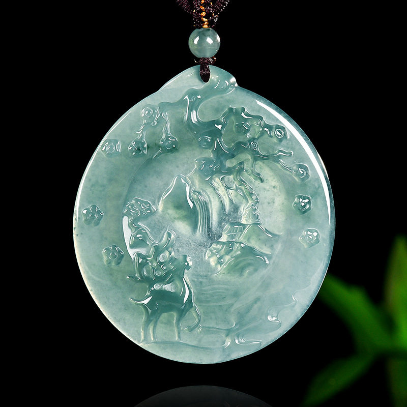 翠莹福天然A货翡翠蓝水鹿牌梅花鹿踏雪寻梅玉石吊坠挂件民族DW91