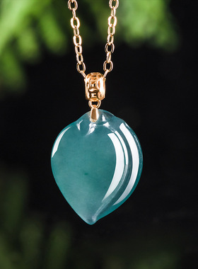 翠莹福天然A货翡翠蓝水小寿桃吊坠18K金镶冰种挂件女款玉坠D584