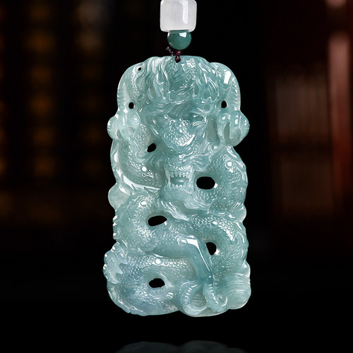 翠莹福天然a货翡翠蓝水龙腾盛世龙牌大气生肖龙吊坠冰种玉石LP23