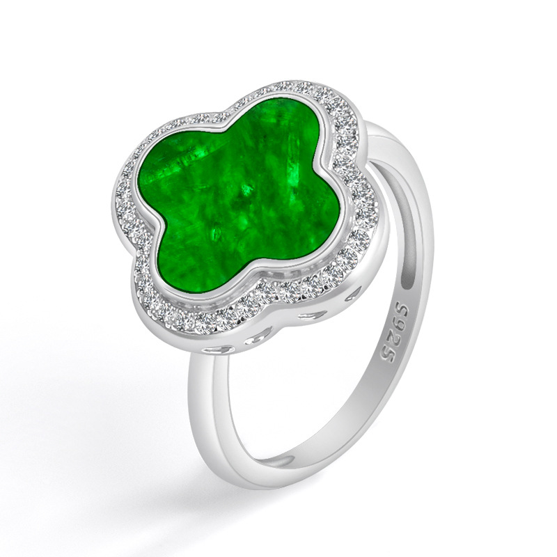 天然缅甸A货翡翠四叶草玉石戒指