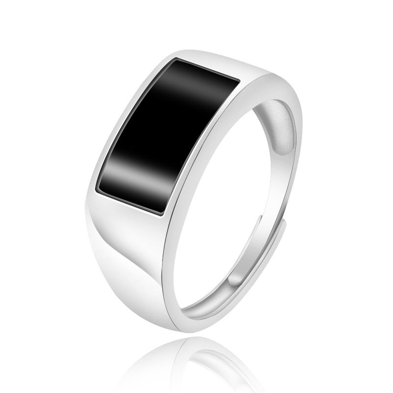 翠莹福S925银镶天然A货翡翠墨翠方面戒指马鞍戒玉男款可调节D092