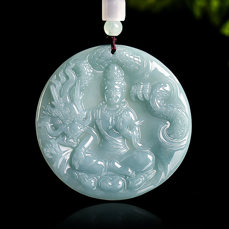 翠莹福正品天然A货翡翠蓝水降龙观音吊坠冰种玉石挂坠保平安 GY30