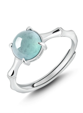 翠莹福天然A货翡翠蓝水竹节戒指冰种玉石S925银镶指环女款D804