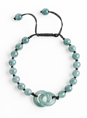 翠莹福天然A货翡翠蓝水双玉环手链手工编织手绳冰种玉石手饰SL112