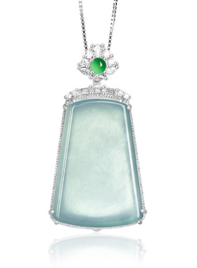 翠莹福天然a货翡翠蓝水无事牌S925银镶冰种玉石吊坠男女款D614