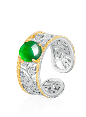 翠莹福宫廷风天然A货翡翠阳绿冰种玉石戒指S925银镶时尚女戒D660