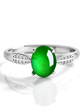 翠莹福S925银天然A货翡翠阳绿椭圆蛋面戒指冰种玉石女款时尚 D115