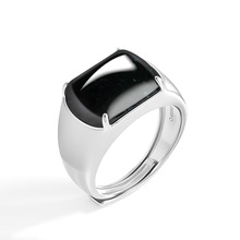 翠莹福S925银天然A货翡翠墨翠马鞍戒冰种玉石墨玉戒指男款 D965