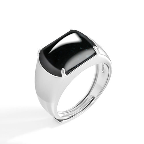 翠莹福S925银天然A货翡翠墨翠马鞍戒冰种玉石墨玉戒指男款 D965