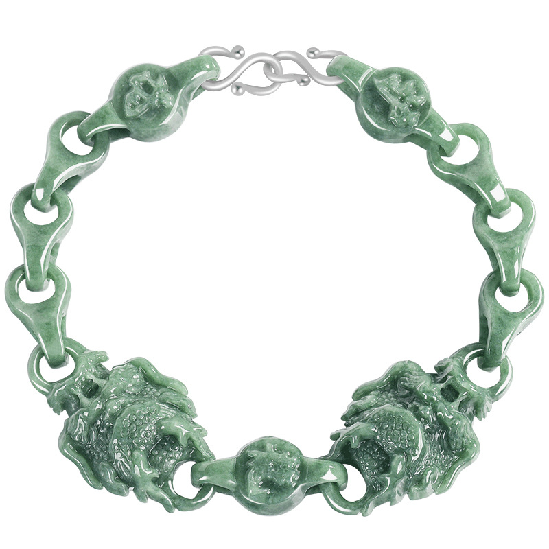 翡翠豆绿霸气双龙环环相扣玉手链