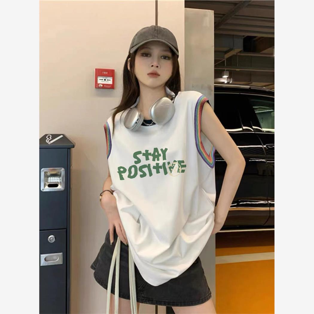 夏季新款潮流韩系中长款拼接撞色无袖t恤女上衣服纯棉背心女外穿