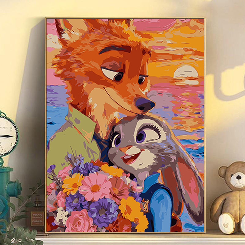 疯狂动物城卡通手绘画画填色diy数字油画丙烯儿童涂色填充装饰画