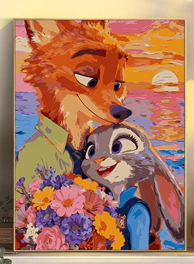 疯狂动物城卡通手绘画画填色diy数字油画丙烯儿童涂色填充装饰画