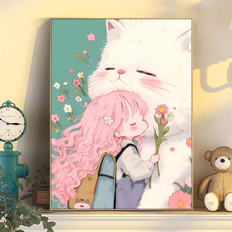 猫咪女孩数字油画diy填充填色解闷手绘治愈系丙烯油彩画2025新款