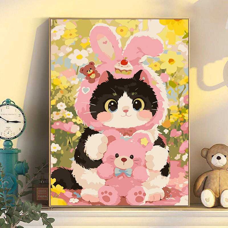 猫咪数字油画diy手工填色画手绘丙烯油彩画儿童卡通挂画装饰画图片