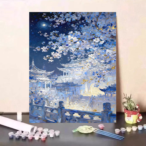 DIY数字油画古风建筑填色丙烯画风景高难度新中式油彩画2026新款