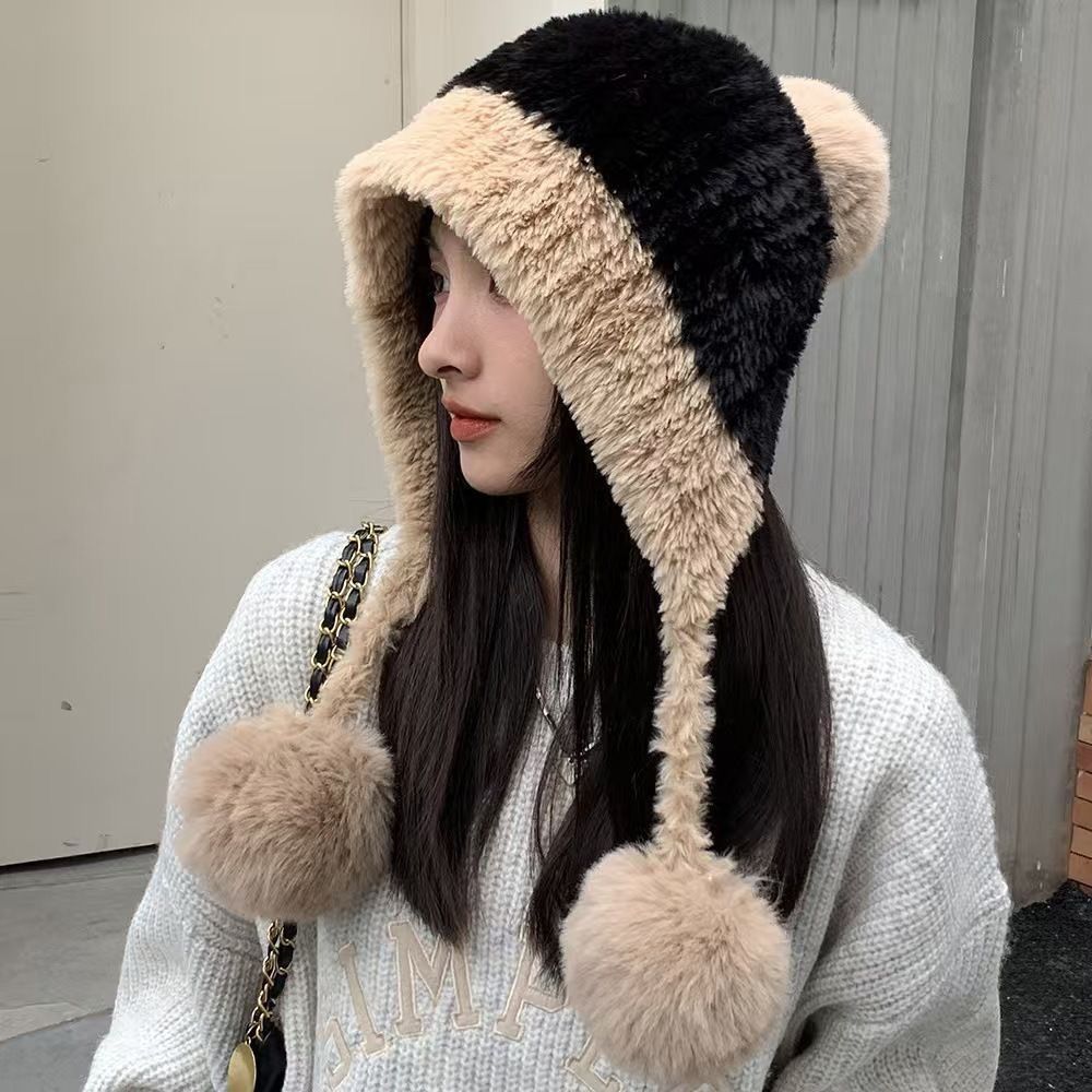 加绒护耳雷锋帽冬季可爱小熊毛球毛绒帽女款女保暖包头帽毛线