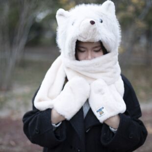 可爱狗熊三件套帽子围巾手套保暖秋冬防寒学生骑行