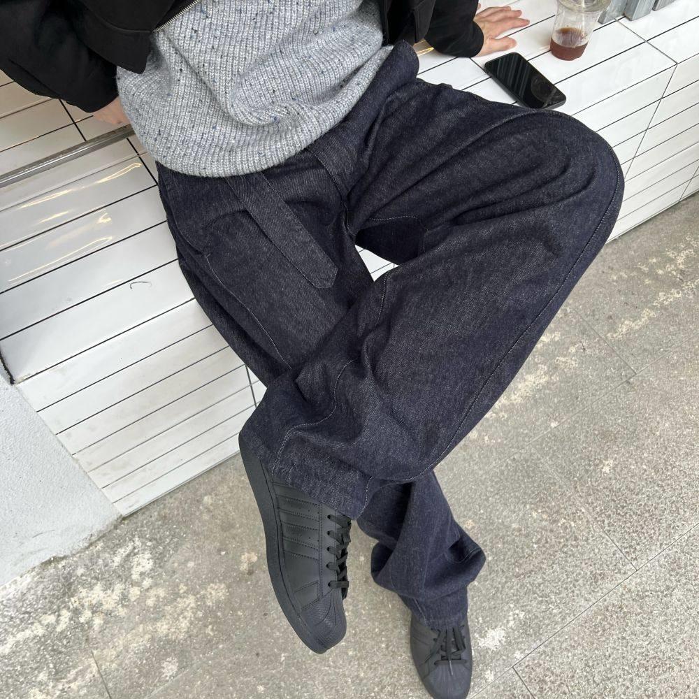 马克斯星球 潮流休闲 牛仔裤秋季男新款覆古宽松直筒藏青色长裤