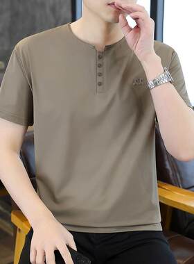 高档男士短袖T恤冰丝凉快休闲半袖中年男人夏季成熟稳重男装上衣