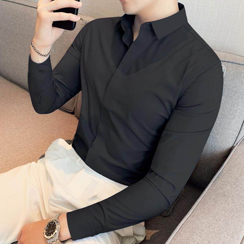 高级感衬衫男长袖暗门襟免烫抗皱无痕衬衣韩版修身潮流纯黑色寸衫