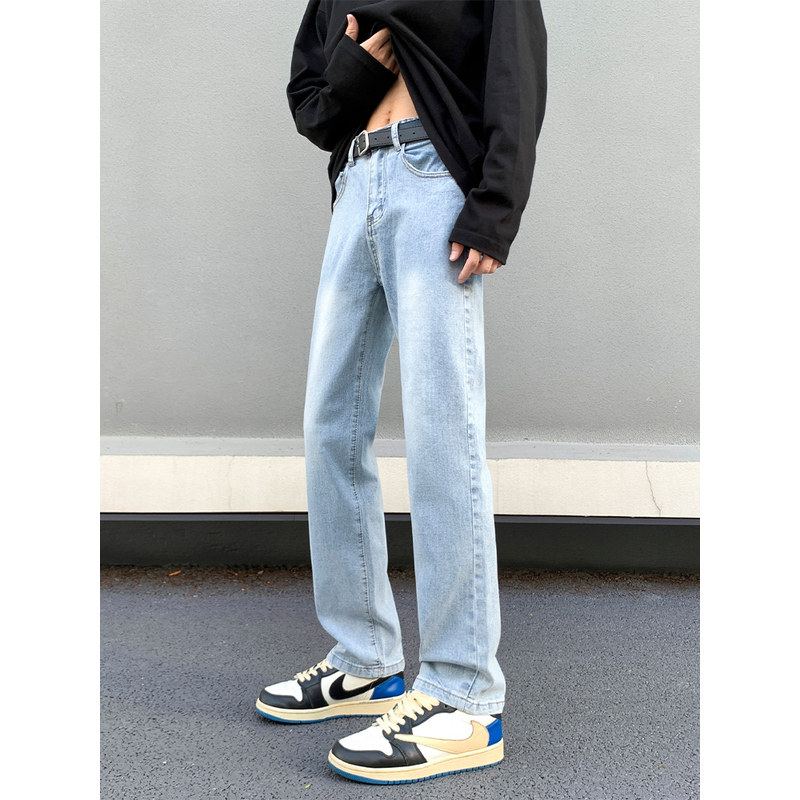 浅蓝色牛仔裤男士直筒修身2026夏季新款美式高街水洗微喇裤子薄款