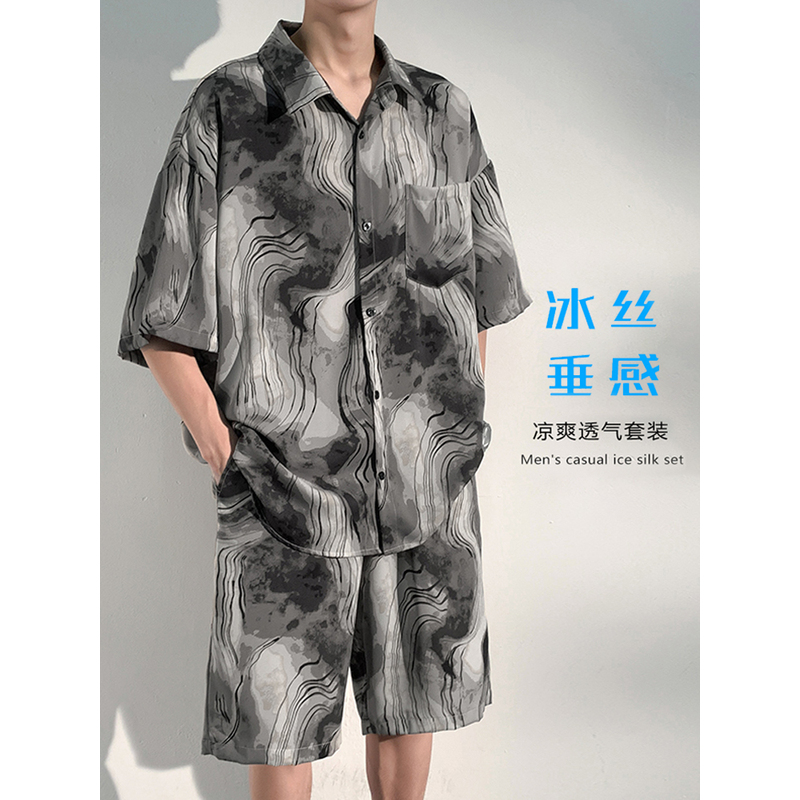 国风冰丝沙滩套装男士夏季薄款大码休闲男装高级短袖衬衫短裤夏装