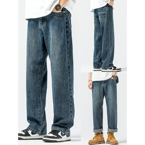 WOODSOON男士牛仔裤秋冬高街直筒裤阔腿青少年休闲垂感加绒裤子男