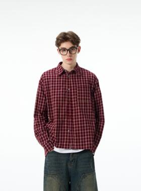 MADWITCH美式复古红色格子衬衫外套男女宽松休闲新款长袖外套上衣