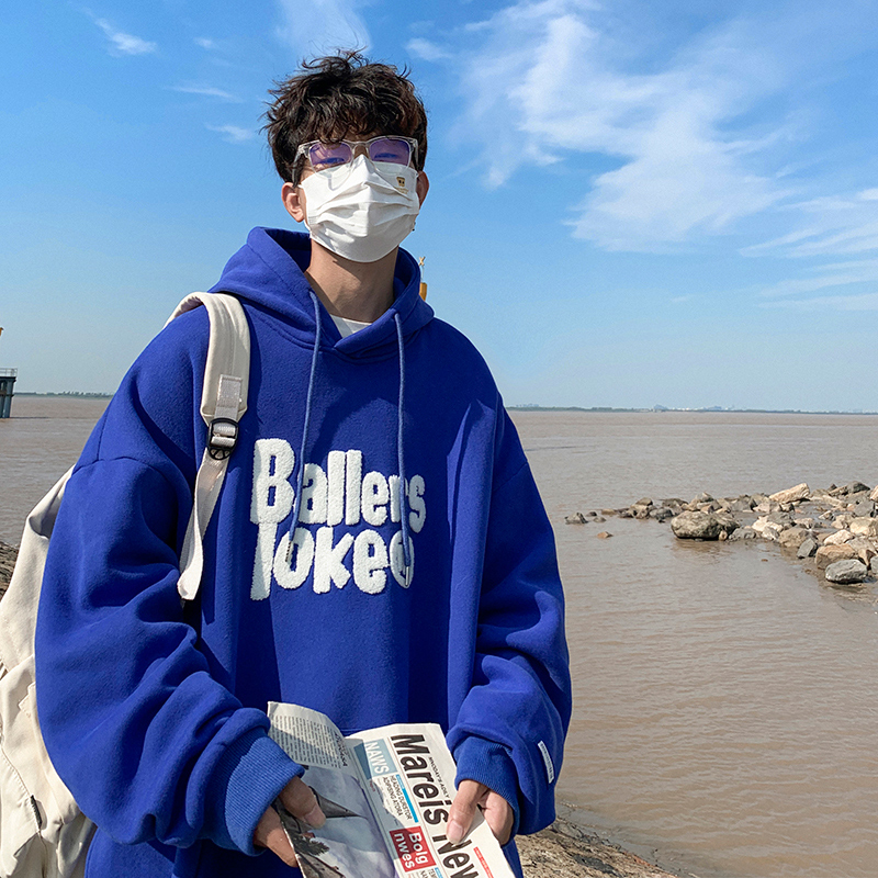 克莱因蓝连帽卫衣男重磅秋冬季加绒加厚男生外套美式潮牌2025新款