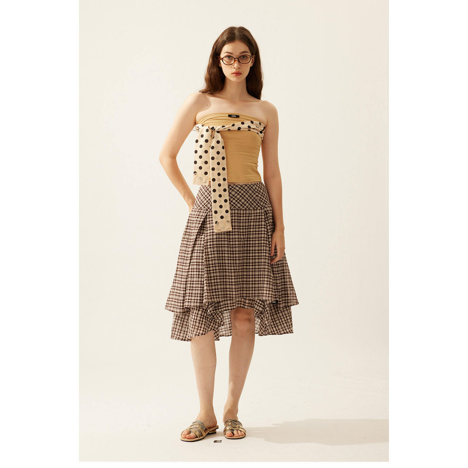 【LACERTA/莱瑟塔】2026早春细格纹半裙休闲宽松不规则下摆中长裙,女装/女士精品,半身裙,淘宝优惠券,粉丝福利购,淘宝优惠卷