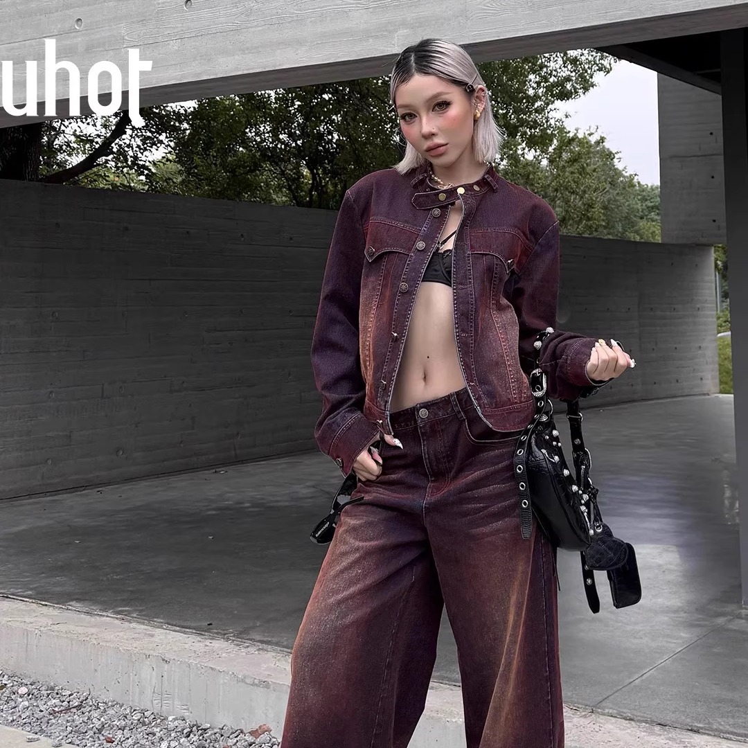 植绒水洗阔腿牛仔裤复古保暖