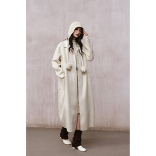 COMOS CMS 罗纹领带帽长款双面呢羊绒羊毛大衣外套女冬季255266