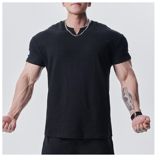 运动休闲健身训练纯色上衣服 T恤男夏季 GYM高定肌理收袖 口显大短袖