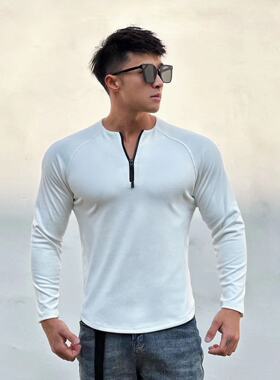 秋冬美式修身德绒保暖高弹健身运动显大半拉链圆领长袖男打底T恤