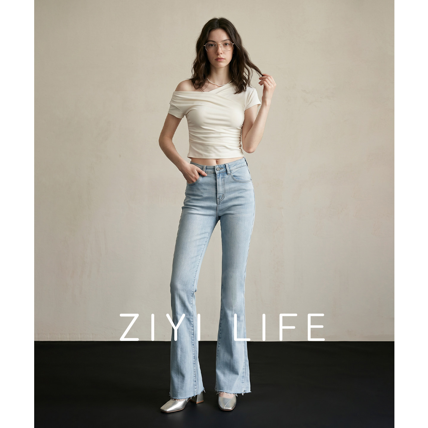 清仓ZIYI LIFE高腰显瘦高弹舒适毛边喇叭牛仔裤