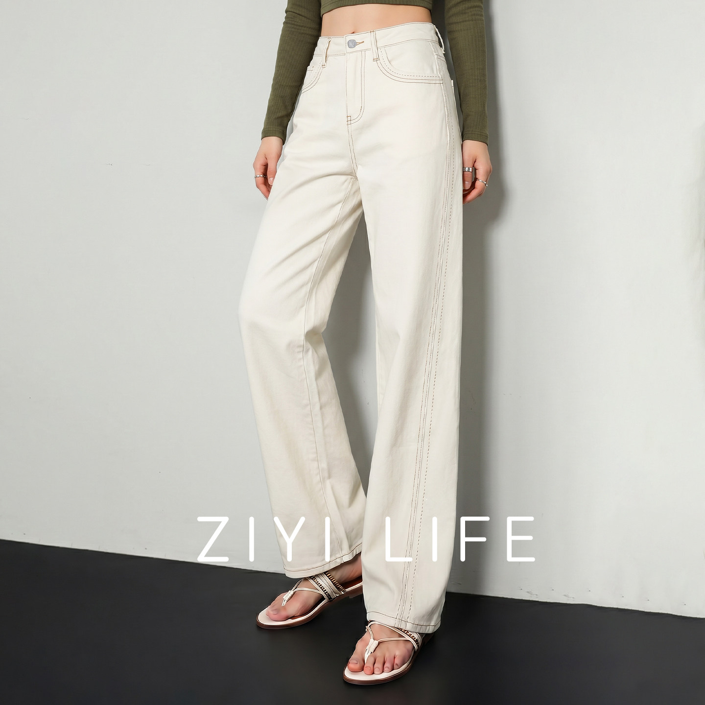 ZIYI骨线纯棉白色显瘦阔腿裤