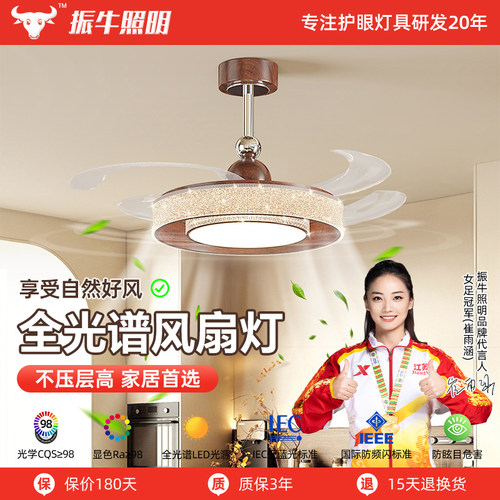 中古风客厅隐形风扇灯复古轻奢环形餐厅主灯胡桃木色护眼吊扇灯