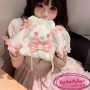 日系lolita可爱蝴蝶结兔子包大耳朵毛茸茸抽绳包甜妹珍珠链斜挎包