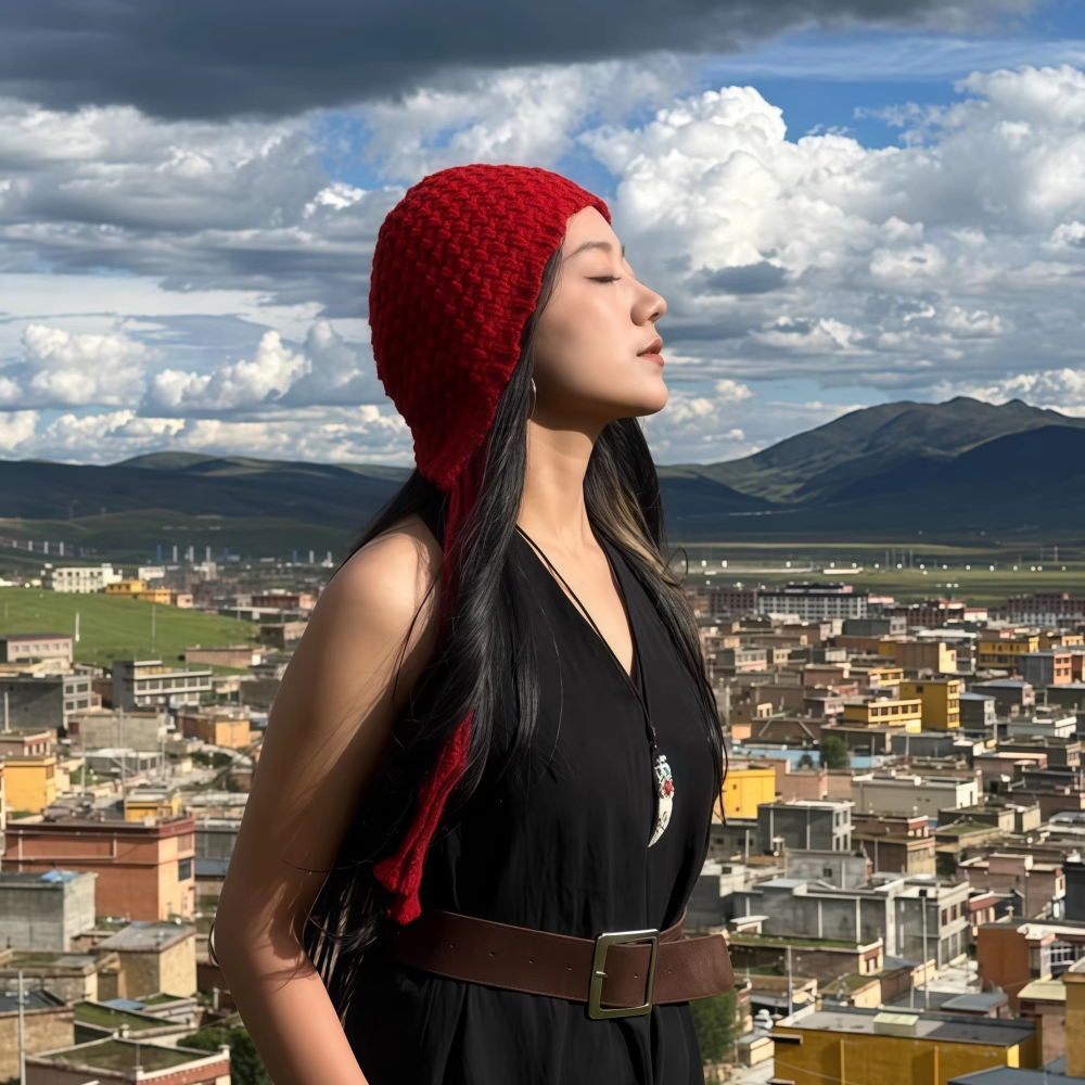 川西旅游镂空针织包头帽子女出游百搭显脸小流苏绑带毛线套头冷帽